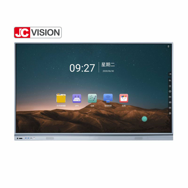 صفحه نمایش تعاملی تخت 75 اینچی JCHUB JCVISION با رنگ مشکی/نقره ای، لمس 20 نقطه ای IR برای استفاده در آموزش/کنفرانس